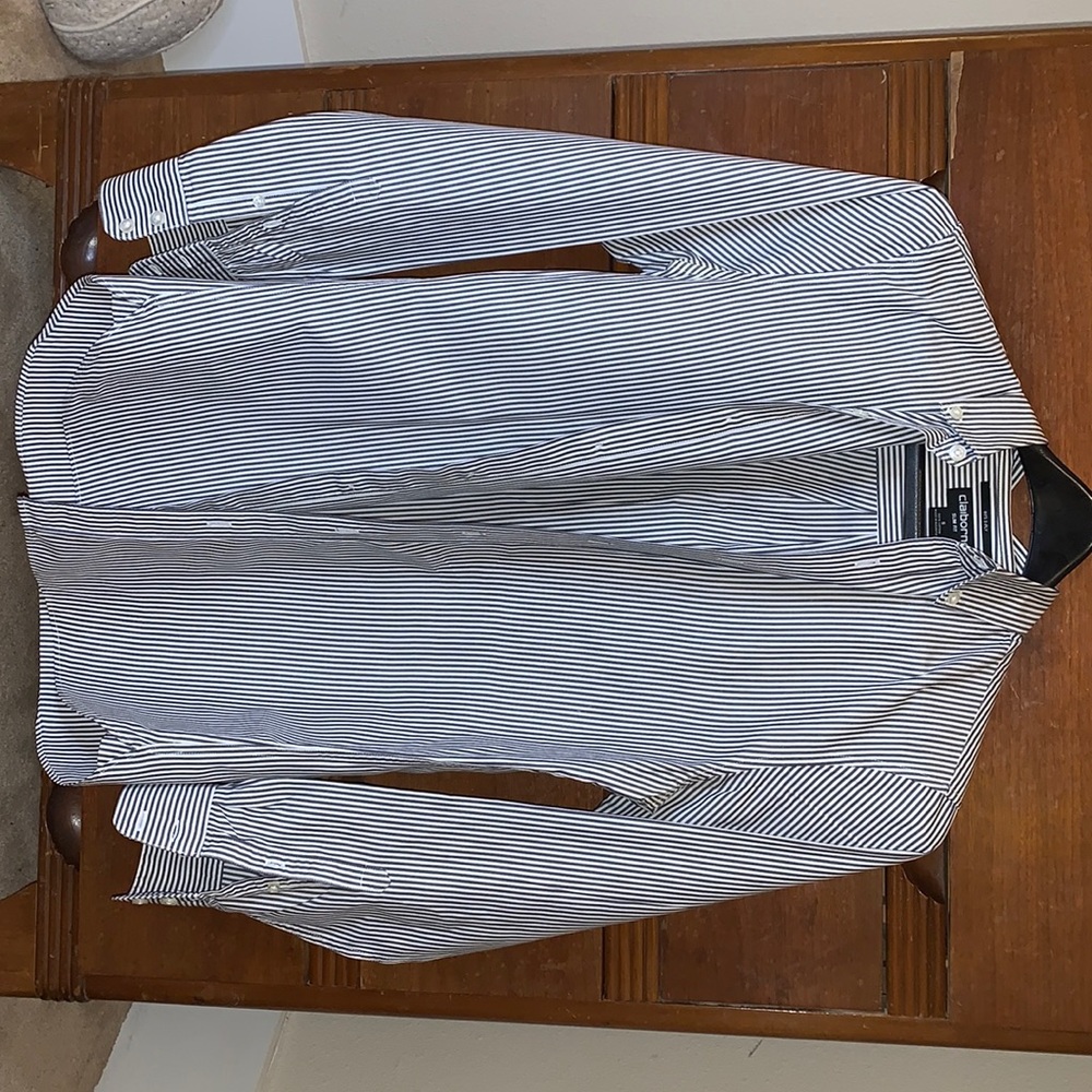 Claiborne Mens White/Dark Blue Striped Dress Shirt Size S